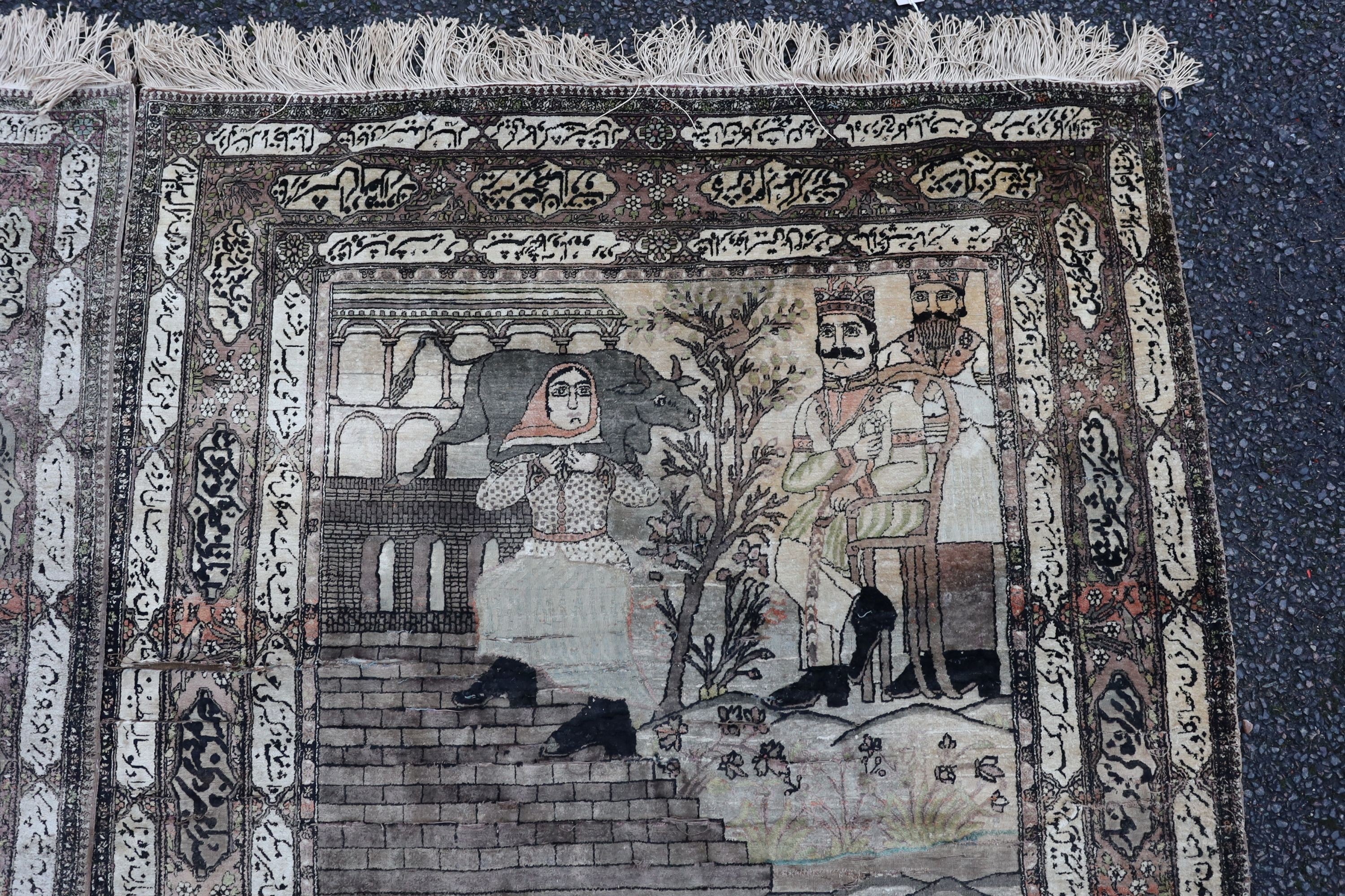 A pair of late 19th/ early 20th century Kashan silk pictorial rugs, woven with nobleman over hunters on horseback. 220 x 130cm.